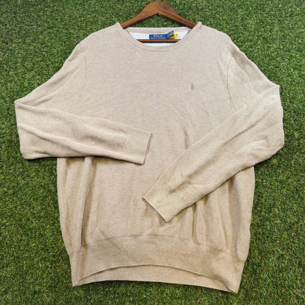Polo Ralph Lauren Mens XXL Tan Beige Cotton Textured Crewneck Sweater Pony Logo